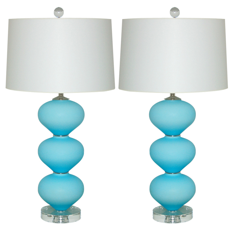 Pair of Vintage Murano Lamps in Satin Sky Blue