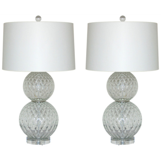 Pair of Vintage Murano Stacked Ball Lamps in Crystal