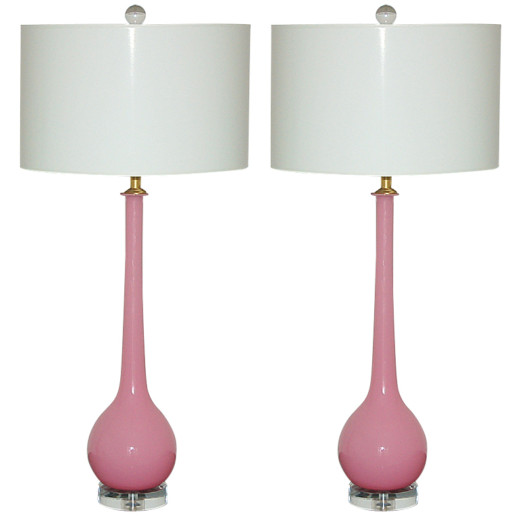 Matched Pair of Murano Long Neck Table Lamps in Lipstick Pink