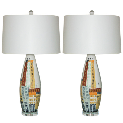  Vintage Italian Ceramic City Scape Lamps by Bitossi