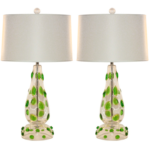 Emerald Green Prunts Covering Clear Vintage Murano Lamps 