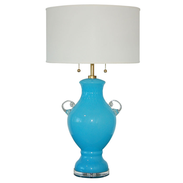 Sky Blue Vintage Murano Glass Urn Lamp With Handles