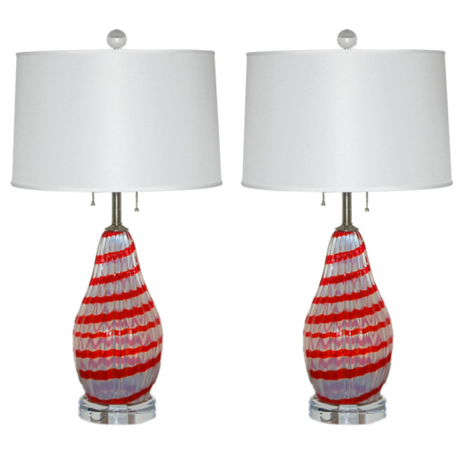 Cherry Red Striped Opaline Murano Lamps