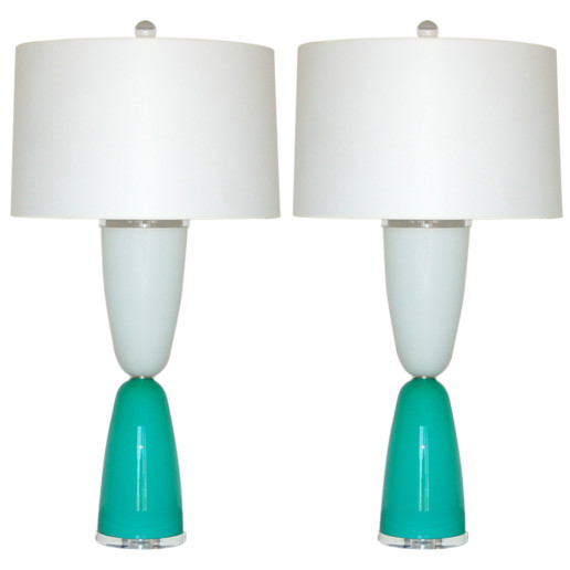 Murano Lamps of Aqua and White on Lucite