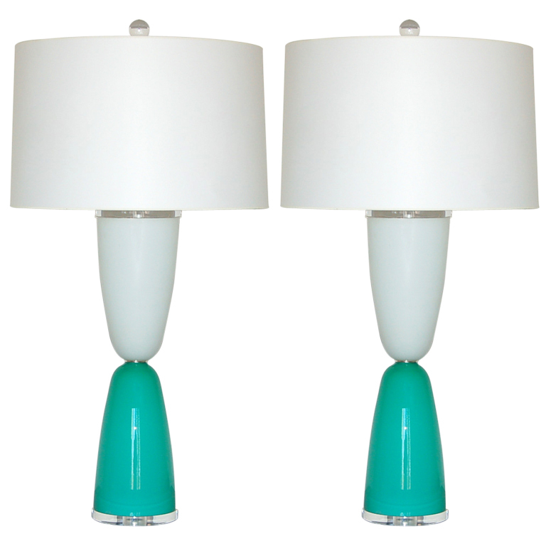 Murano Lamps of Aqua and White on Lucite