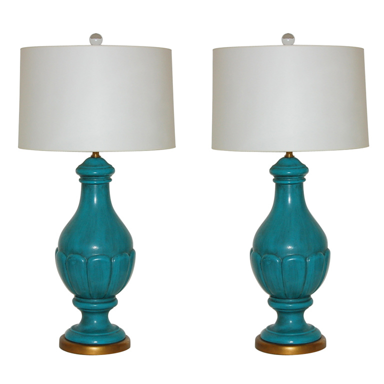 The Marbro Lamp Company - Pair of Italian Ceramic Lamps in Peacock Blue