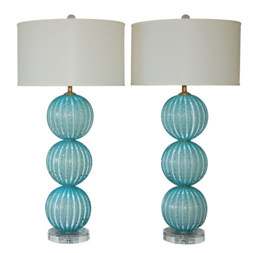 Stacked Three Ball Murano Lamps in Dreamy Blue with Gold Dust