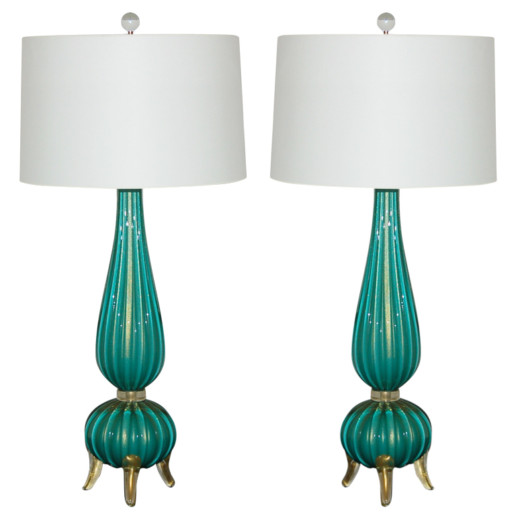 Classic Three Footed Vintage Murano Lamps in Aqua and Gold