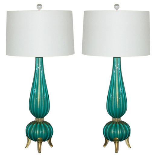 Classic Three Footed Vintage Murano Lamps in Aqua and Gold