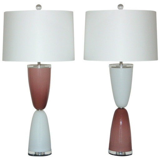 Parabolic Lamps of Plum and White on Lucite