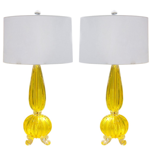 Pair of Vintage Goldenrod Opaline Footed Murano Lamps 