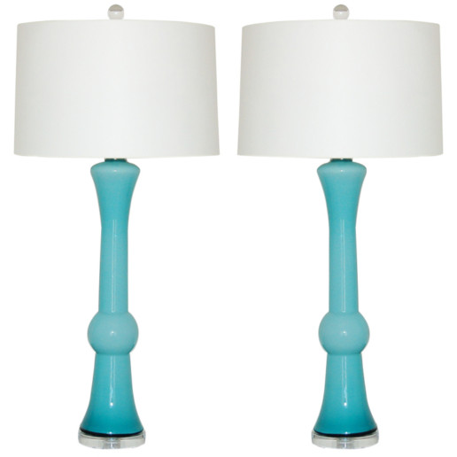 Sculpted Pair of Vintage Murano Lamps in Turquoise Blue