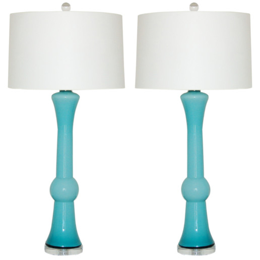 Sculpted Pair of Vintage Murano Lamps in Turquoise Blue