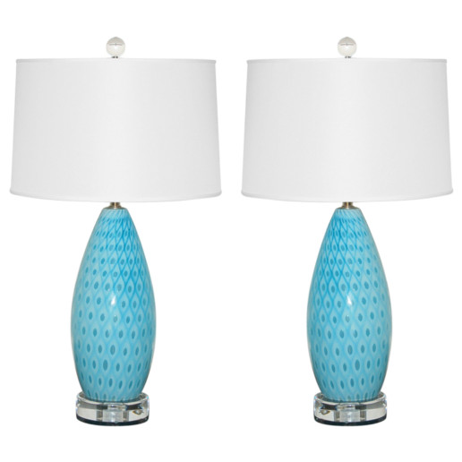 Pair of Vintage Murano Peacock Lamps in Blue