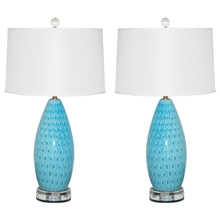 Pair of Vintage Murano Peacock Lamps in Blue
