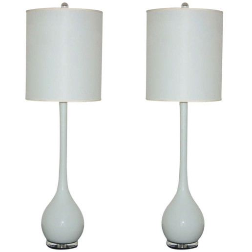 Matched Pair of Murano Long Neck Table Lamps in Snow White