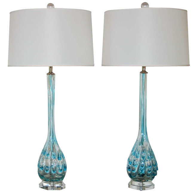 Long Necked Murano Lamps with Applied Glass Drips of Aquamarine