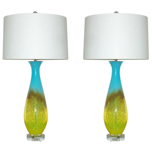 Turquoise and Yellow Pair of Vintage Italian Hand Blown Glass Lamps 