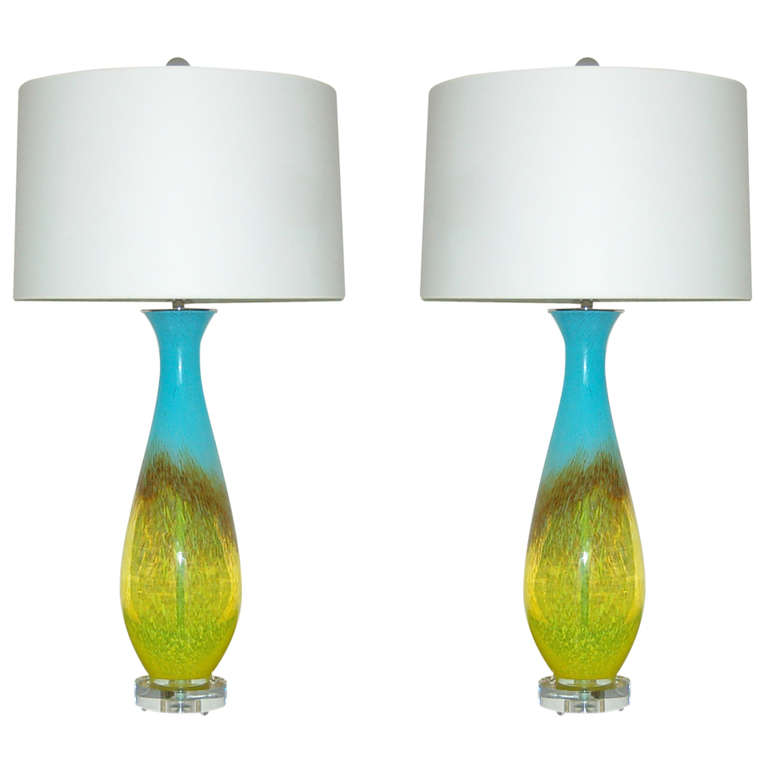 Turquoise and Yellow Pair of Vintage Italian Hand Blown Glass Lamps