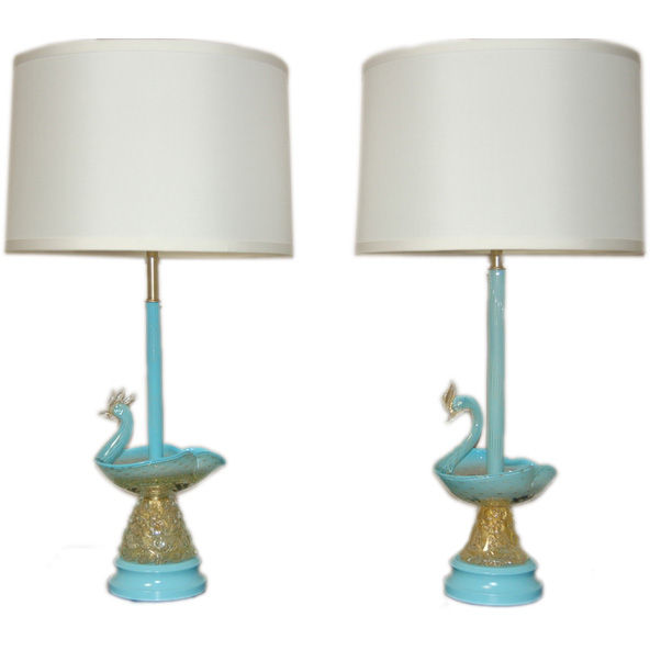 Swan Figurine Murano Lamps in Robin's Egg Blue and Gold