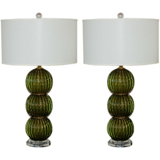 Stacked Ball Murano Table Lamps of Emerald Green