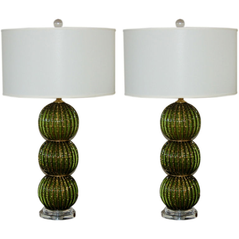 Stacked Ball Murano Table Lamps of Emerald Green