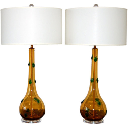  Emerald Prunts on Butterscotch Murano Table Lamps 