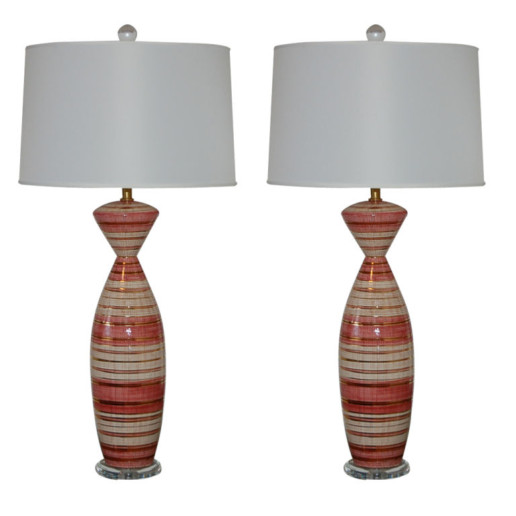  Deruta - Striped Mid Century Ceramic Lamps in Pink 