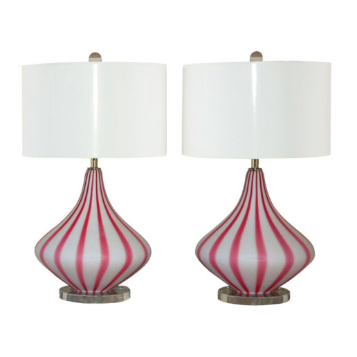 Circus Tent Striped Murano Lamps in Magenta and White 