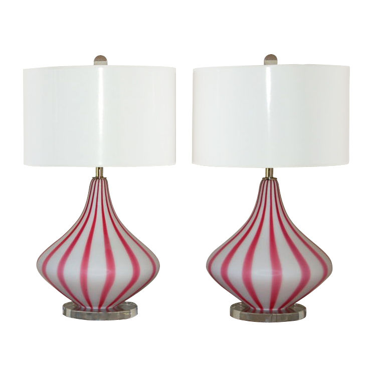 Circus Tent Striped Murano Lamps in Magenta and White