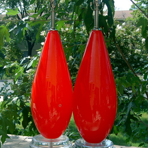 Chinese Red Murano Lamps on Double Lucite Platter