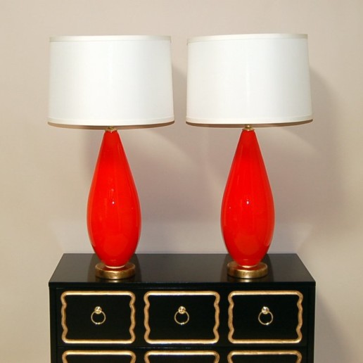 Chinese Red Murano Lamps on Double Lucite Platter