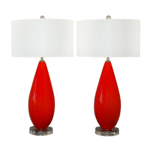 Chinese Red Murano Lamps on Double Lucite Platter