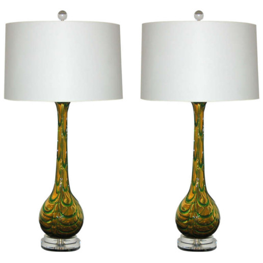 Pair of Vintage Murano Glass Lamps - Emerald Green on Butterscotch 