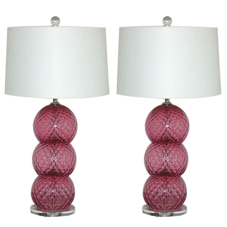 Pair of Vintage Murano Stacked Three Ball Lamps in Cranberry