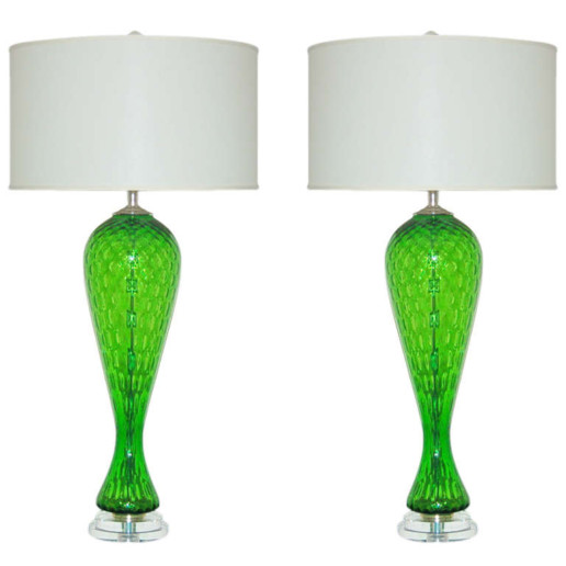 Pair of Vintage Italian Murano Windowpane Glass Lamps in Emerald