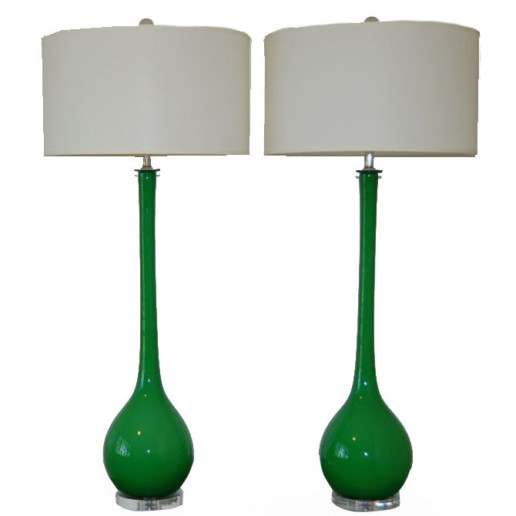 Vintage Murano Long Neck Table Lamps in Emerald Green