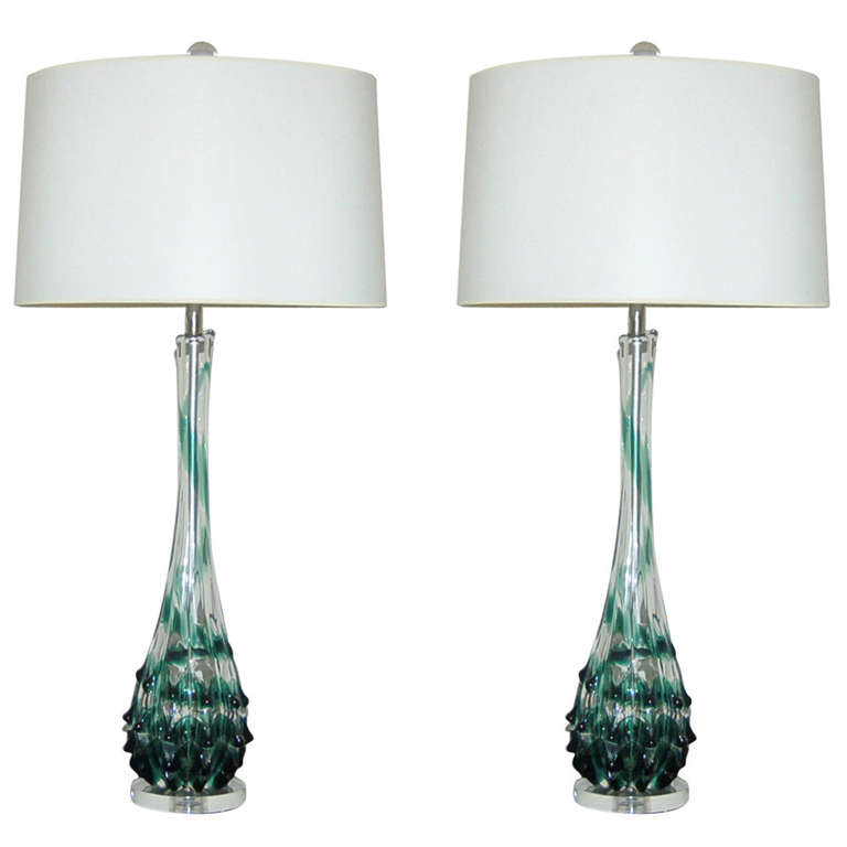 Tulip Topped Murano Lamps with Emerald Ribbon