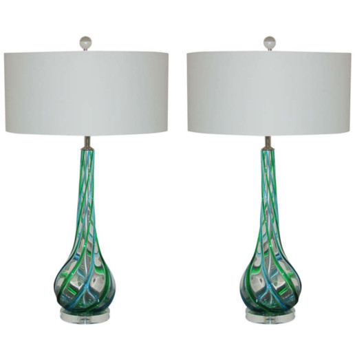 Murano Glass Lamps with Applied Ribbons of Emerald and Aqua 