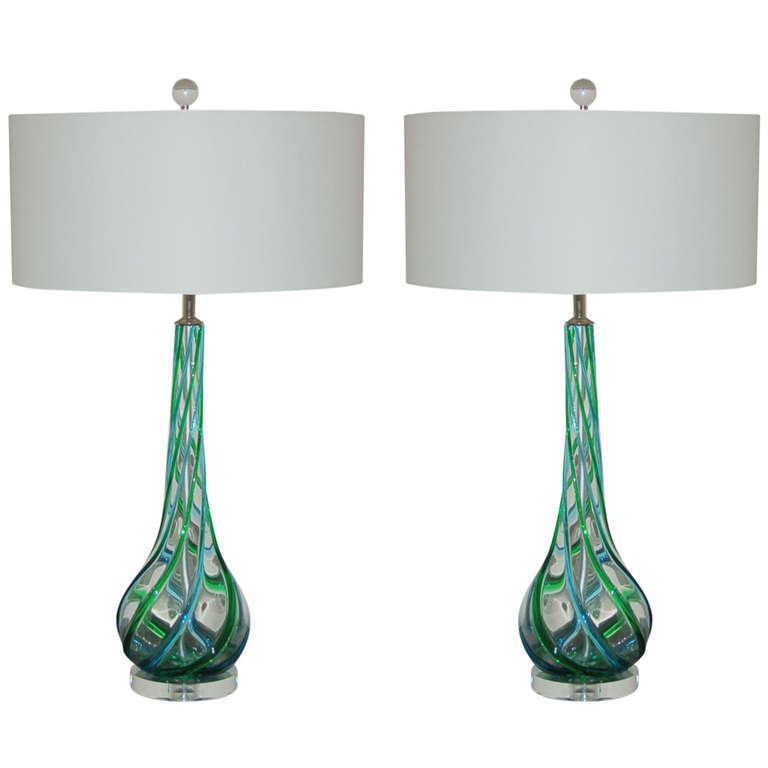 Murano Glass Lamps with Applied Ribbons of Emerald and Aqua