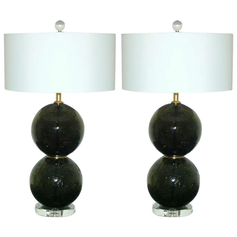 Olive Green Craquele Murano Glass Ball Lamps
