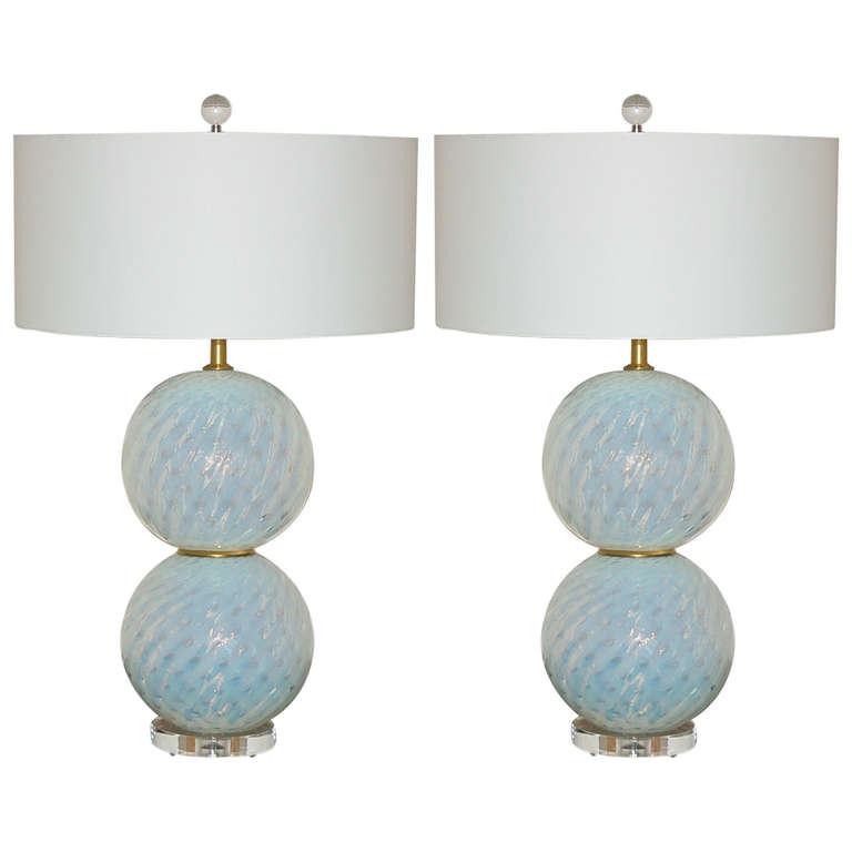 Pair of Vintage White Opaline Murano Glass Ball Lamps