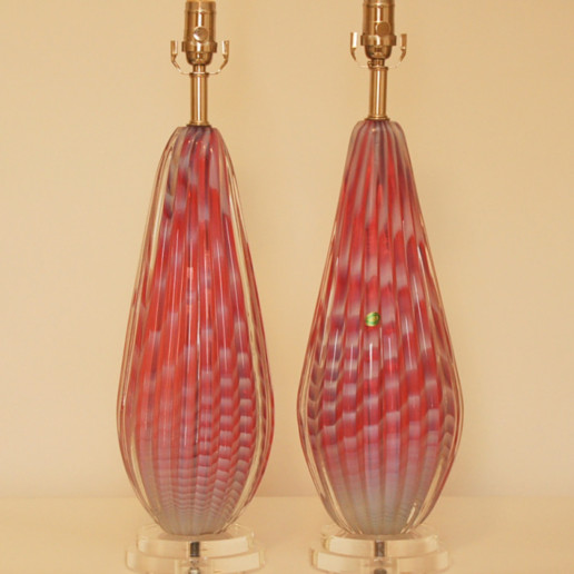 Rare Pair of Opaline Striped Murano Lamps in Cotton Candy