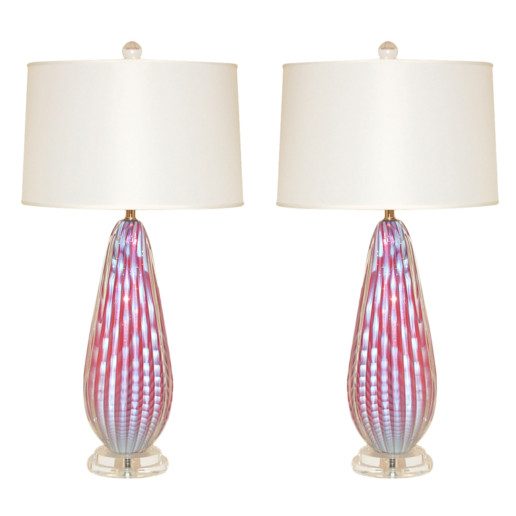 Rare Pair of Opaline Striped Murano Lamps in Cotton Candy