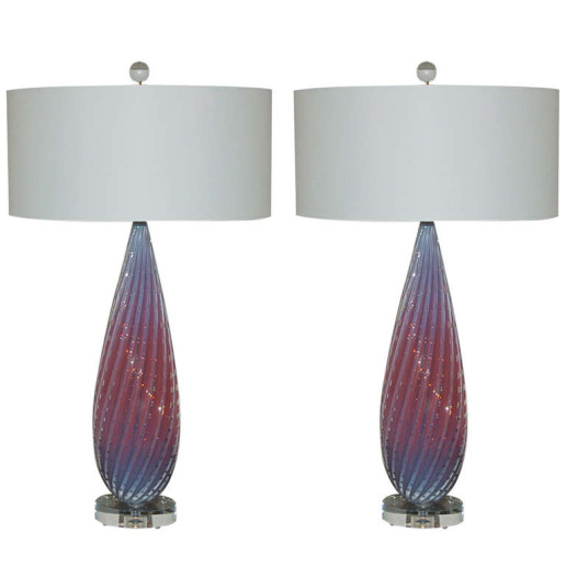  Pair of Vintage Murano Opaline Lamps of Orchid Berry 