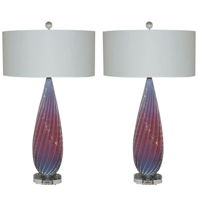 Pair of Vintage Murano Opaline Lamps of Orchid Berry