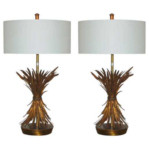  Pair of Tole Wheat Sheaf Table Lamps by The Marbro Lamp Company 