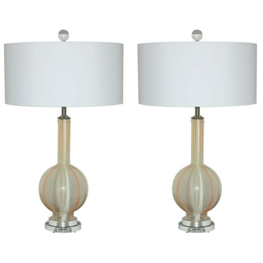  Pair of Vintage Murano Lamps in Salmon and Taupe Stripes 