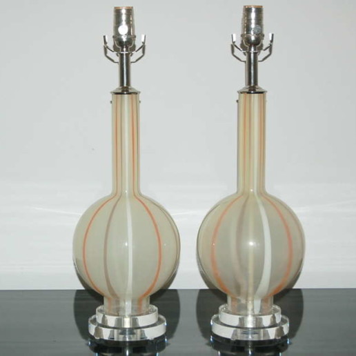 Pair of Vintage Murano Lamps in Salmon and Taupe Stripes