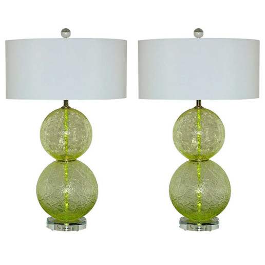  Pair of Vintage Murano Ball Lamps in Lime Frost 